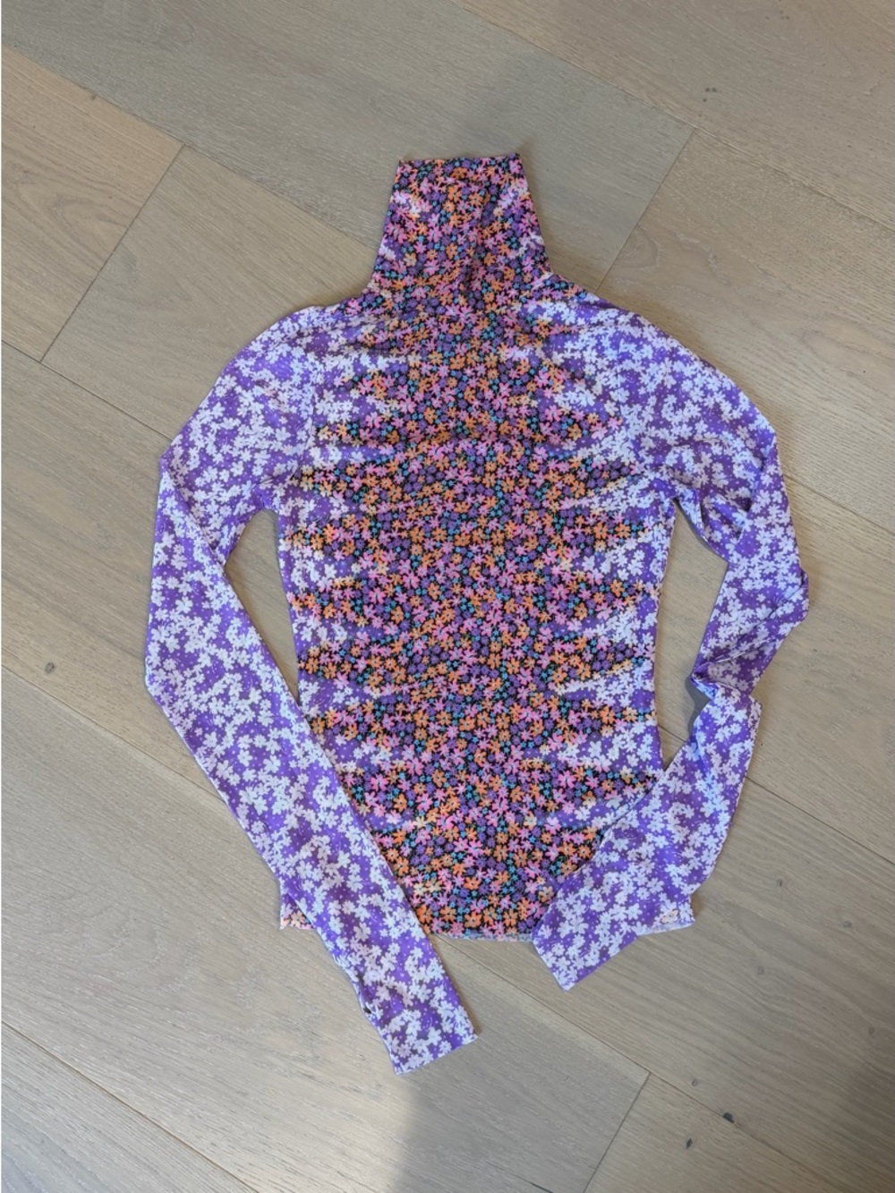 AFRM Floral Turtleneck Top in Purple, Orange, Pink. Semi Sheer